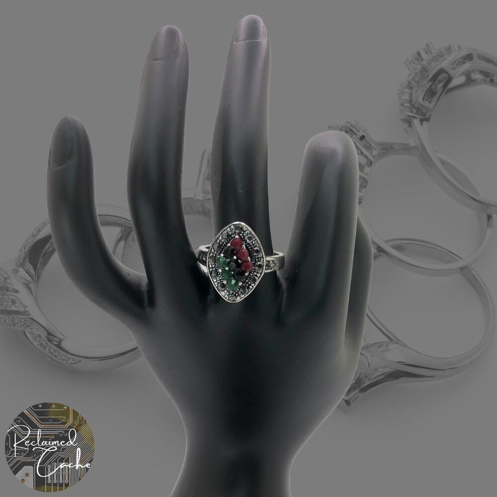 Silver and Multicolor Rhinestone Statement Ring - Size 8.5